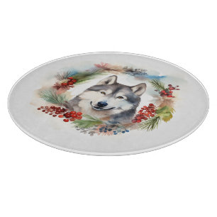 Planche À Découper Alaskan Malamute Festive de la couronne de Noël