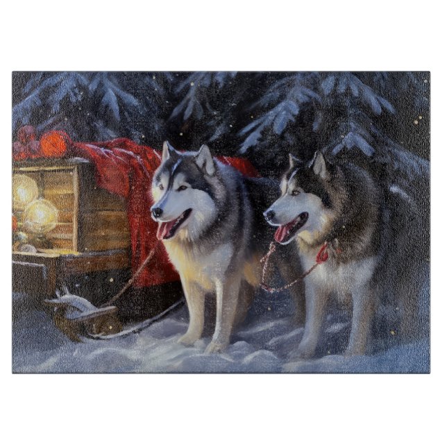 Planche À Découper Alaskien Malamute Snowy Sleigh Ride Noël (Devant)