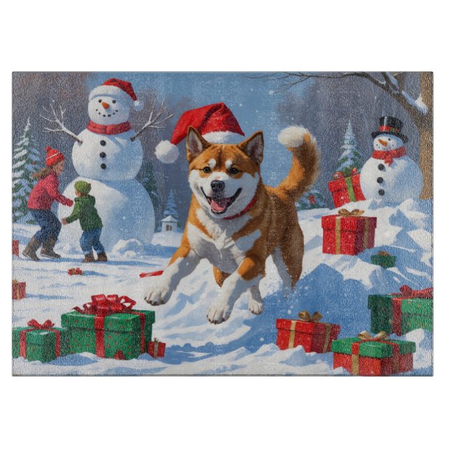 Planche À Découper American Akita Noël Festival scène de neige (Devant)