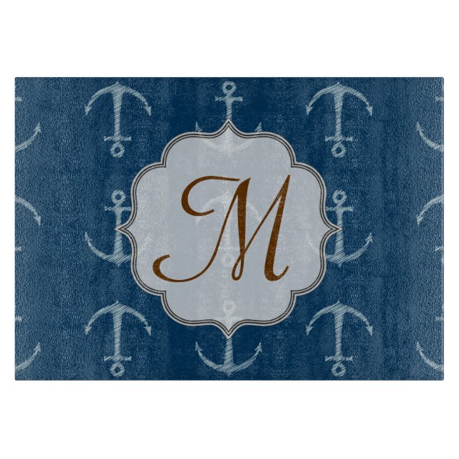 Planche À Découper Ancre nautique Monogramme Planche de coupe en verr (Devant)