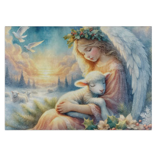 Planche À Découper Ange de Noël avec agneau dans la paix hivernale