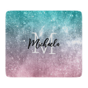 Planche À Découper Aqua blue Pink ombre mer galaxie abstraite Monogra