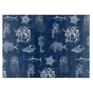 Planche À Découper Aquarelle bleu marine Océan Animaux marins