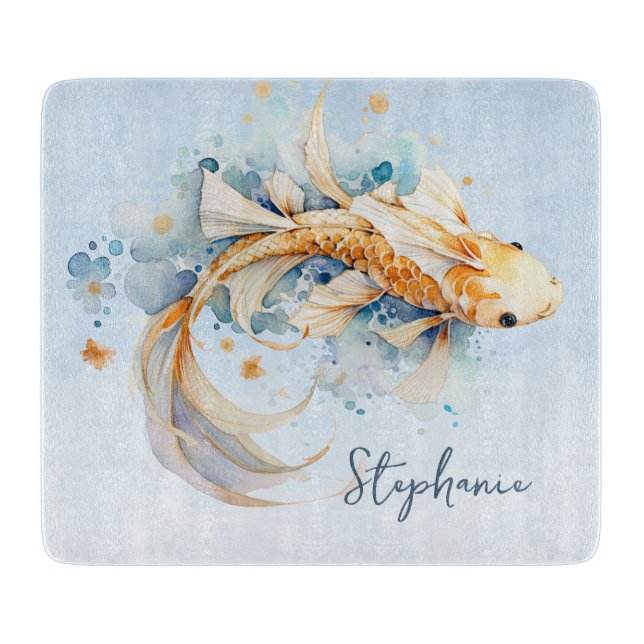 Planche À Découper Aquarelle bleu or Koi poisson personnalisé (Devant)