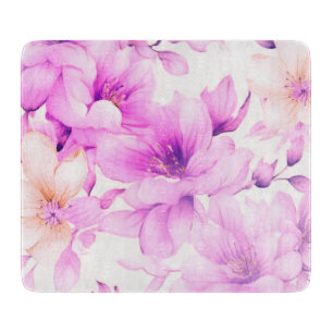 Planche À Découper Aquarelle délicate Fleurs roses Verre