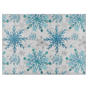 Planche À Découper Aquarelle flocons de neige hivernaux bleus et pail