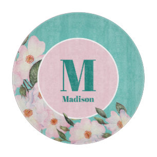 Planche À Découper Aquarelle Rose Ballerina Floral Monogram Circle