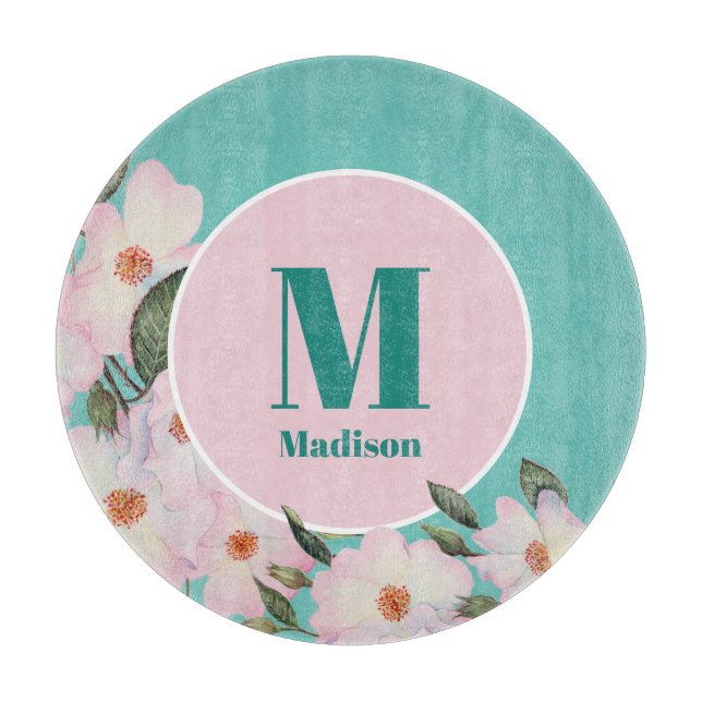 Planche À Découper Aquarelle Rose Ballerina Floral Monogram Circle (Devant)