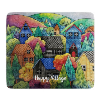 Planche À Découper Aquarelle Village Sur La Colline Avec Maisons Colo