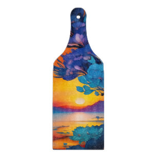 Planche À Découper Arbre à fleurs au lac au lever du soleil