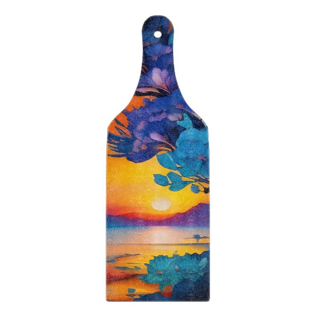 Planche À Découper Arbre à fleurs au lac au lever du soleil (Devant)