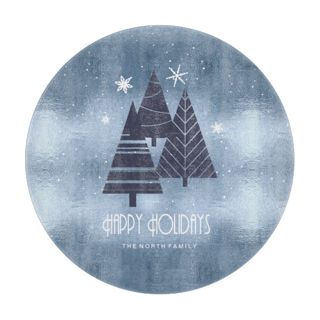 Planche À Découper Arbres de Noël et flocons de neige Blue ID863 (Devant)