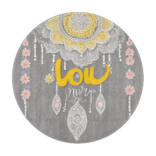 Planche À Découper Art AI mandala en dentelle jaune moutarde boho