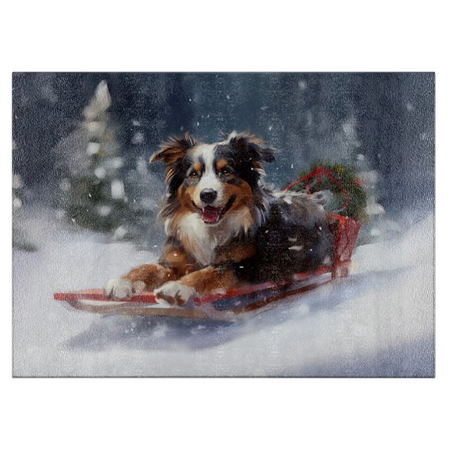 Planche À Découper Australian Shepherd hiver neige de Noël (Devant)
