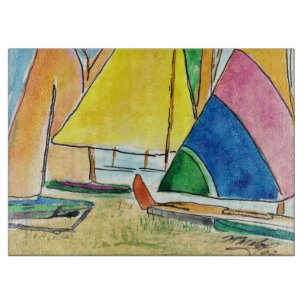Planche À Découper Bateaux À Voile Colorés Sur Plage Coupe