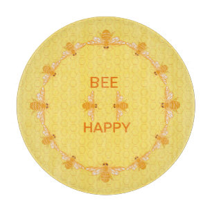 Planche À Découper Bee Happy miel abeilles sur nid d'abeille jaune