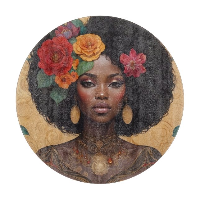 Planche À Découper Belle Africaine Américaine Avec Fleurs (Devant)