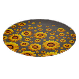 Planche À Découper Belles fleurs jaunes sur arrière - plan gris