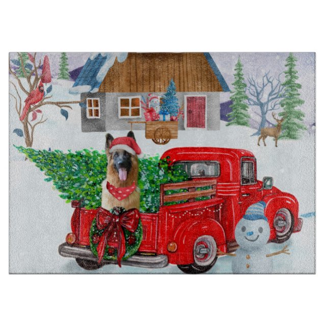 Planche À Découper Berger Allemand En Livraison De Noël Camion Neige (Devant)