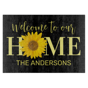 Planche À Découper Bienvenue dans notre maison Tournesol noir Custom
