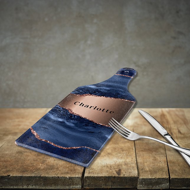 Planche À Découper Bleu agate marbre rose or nom script (Créateur téléchargé)