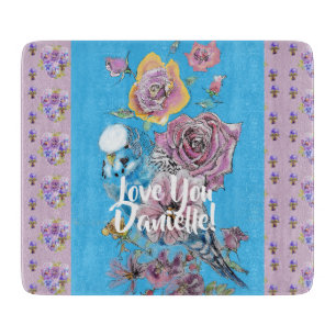 Planche À Découper Bleu Budgie fleurs florales Verre Chaussure