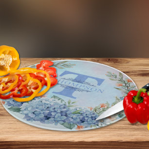 Planche À Découper Bleu Hydrangée Monogramme Table ronde de coupe