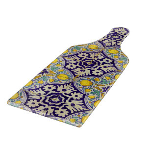 Planche À Découper Bleu Méditerranée Motif Fleurs Jaunes