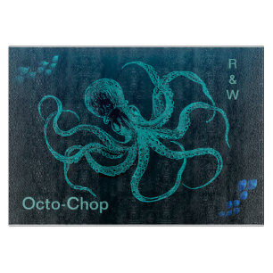 Planche À Découper Bleu océanique profond avec pieuvre et 2 écoles de