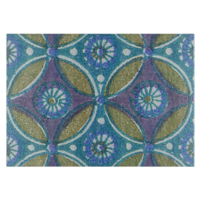 Planche À Découper Bleu vert Rustique Boho Motif circulaire géométriq (Devant)