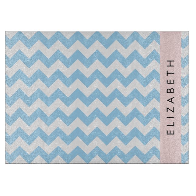 Planche À Découper Bleu Zigzag, Bleu Chevron, Vague Motif, Votre Nom (Devant)