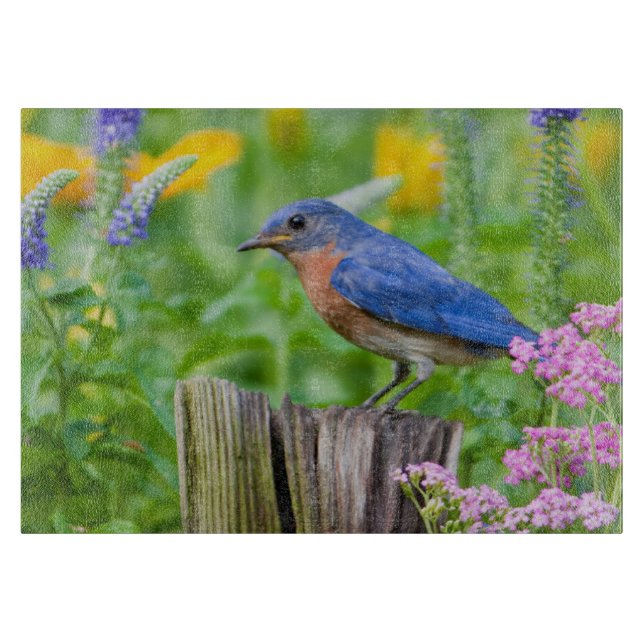 Planche À Découper Bluebird peins on fence post in flower garden (Devant)