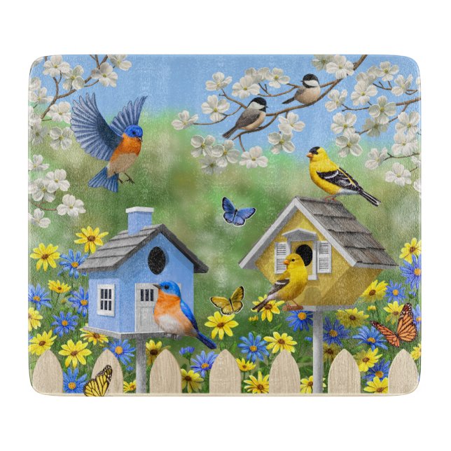 Planche À Découper Bluebirds Goldfinches Birdhouses Jardin aux fleurs (Devant)