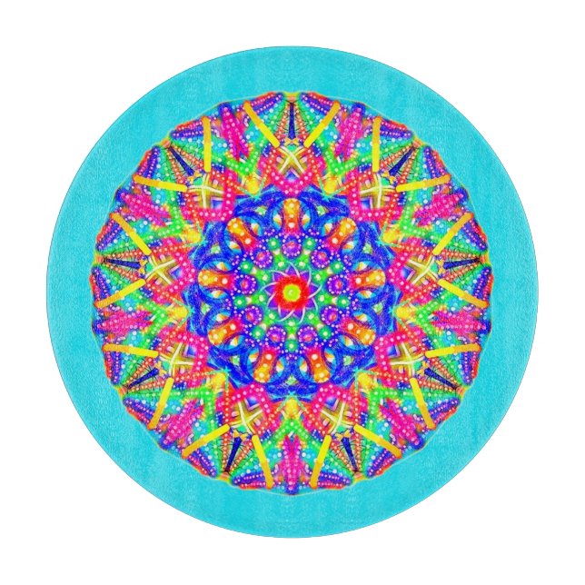 Planche À Découper Boho bleu rose jaune Mandala (Devant)