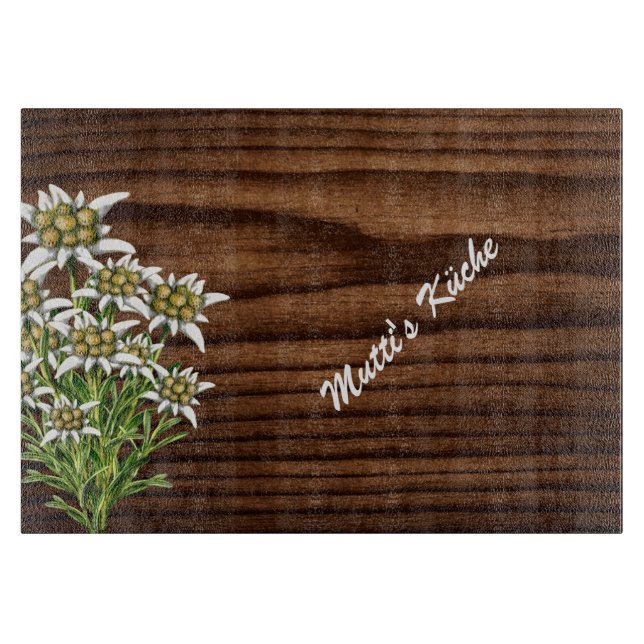 Planche À Découper Bois foncé et Edelweiss sur mesure (Devant)