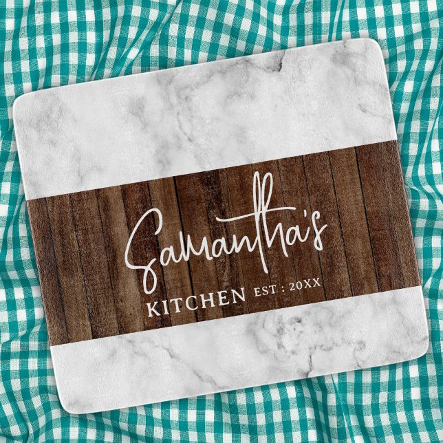 Planche À Découper Bois rustique et marbre Verre de cuisine personnal (Rustic Wood and Marble Personalized Kitchen Glass Cutting Board
)