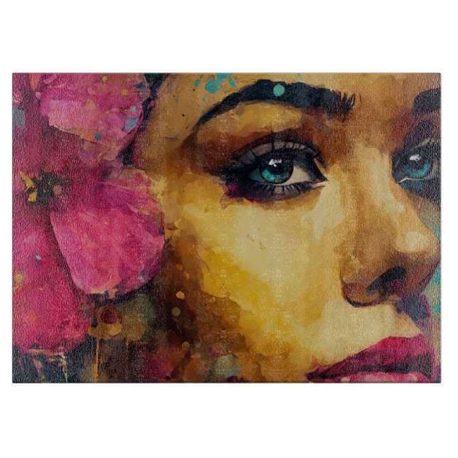 Planche À Découper Bold Pink Hibiscus et femme Portrait Abstrait (Devant)
