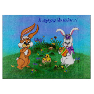 Planche À Découper Bonne Pâques ! Lapin avec lapin et poussin
