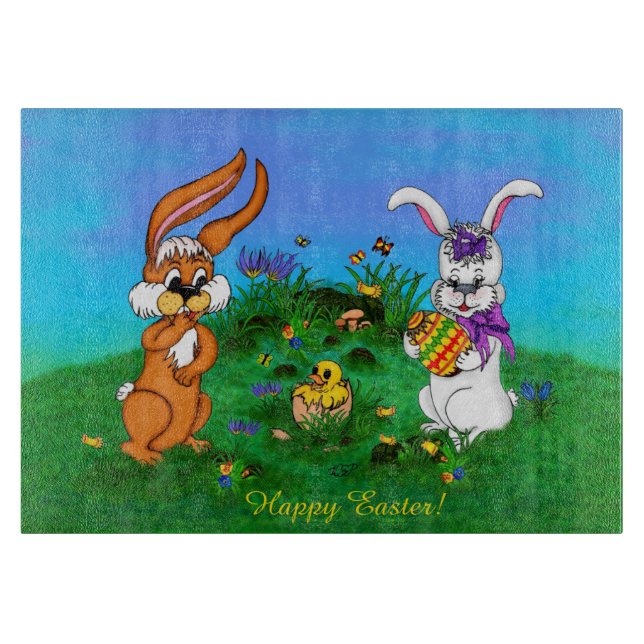 Planche À Découper Bonne Pâques ! Lapin avec lapin et poussin (Devant)
