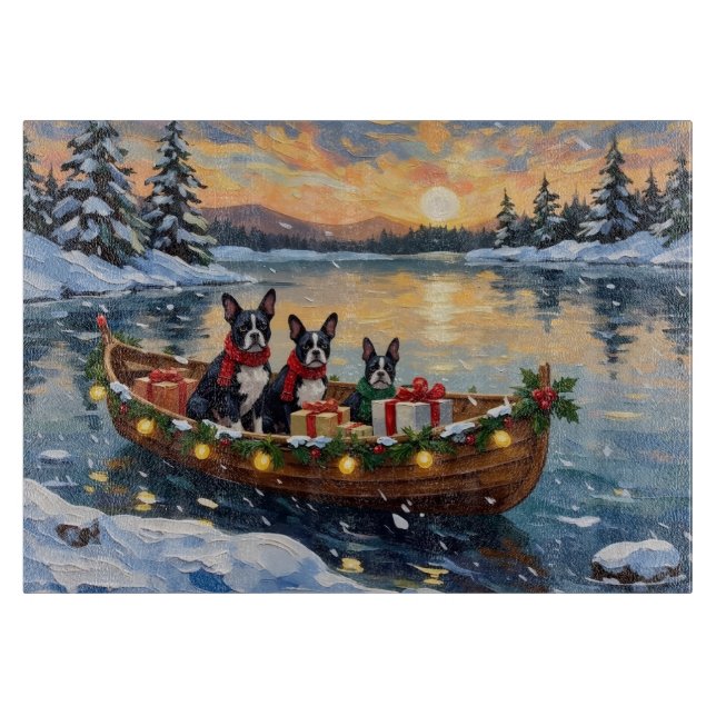 Planche À Découper Boston Terrier Christmas Boat Holiday (Devant)