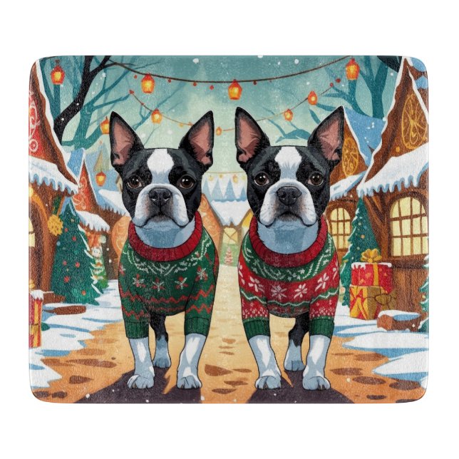 Planche À Découper Boston Terrier Dogs Christmas Snow Holiday (Devant)