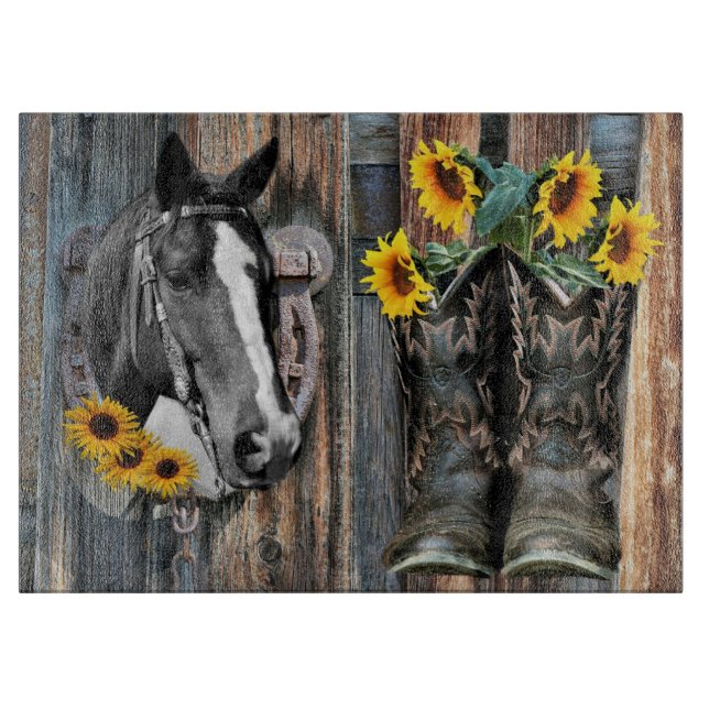 Planche À Découper Bottes de cowboy Rustique Western Horse Tournesols (Devant)