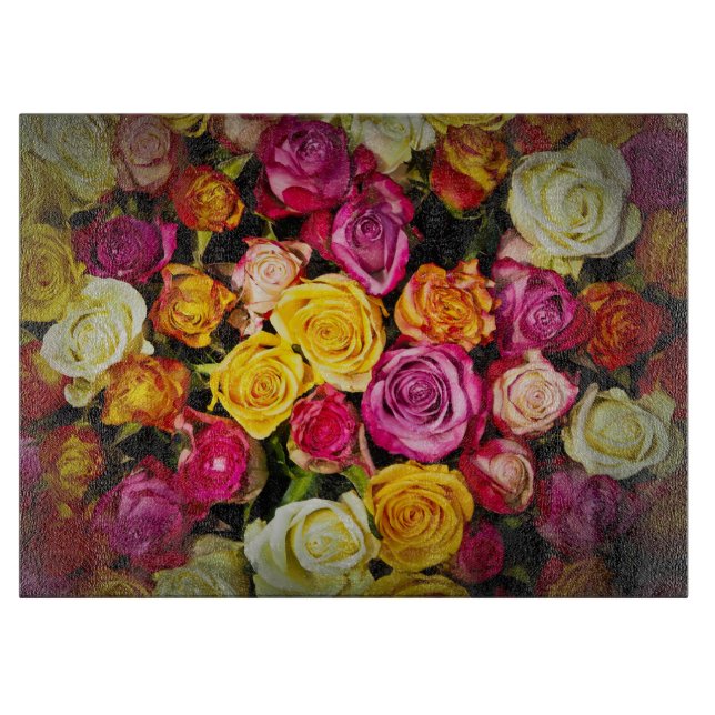 Planche À Découper Bouquet De Roses Blanches Rose Jaune Fleurs (Devant)