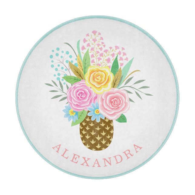 Planche À Découper Bouquet Rose ananas rose jaune (Devant)