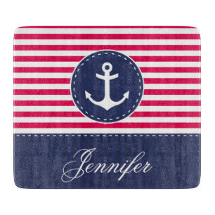 Planche À Découper Bright Red Navy Blue Ancre Texte personnalisé