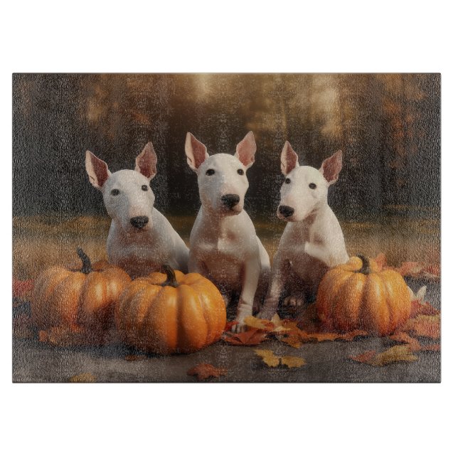 Planche À Découper Bull Terrier Chiot Automne Citrouille de plaisir (Devant)
