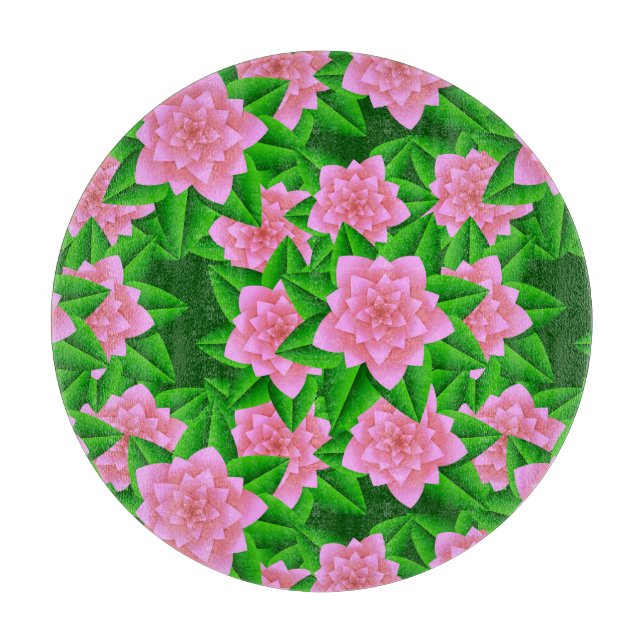 Planche À Découper Camellias rose glace et Feuilles verts (Devant)