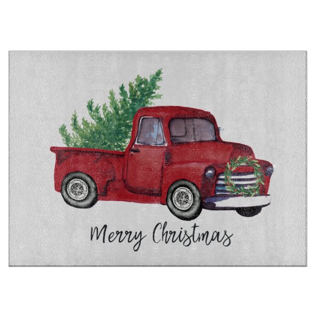 Planche À Découper Camion de rouge d'aquarelle de Noël de ferme (Devant)