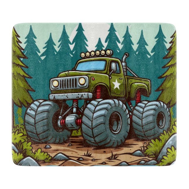 Planche À Découper Camion Monster Vert dans la forêt (Devant)