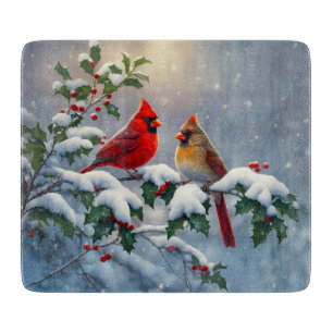 Planche À Découper Cardinaux rouges et houx dans la neige